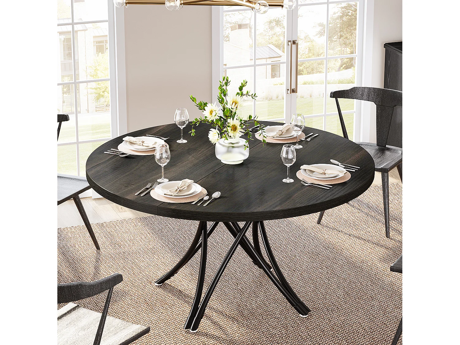 Table de salle à manger ronde, table de cuisine ronde, table de salle à manger moderne en bois avec pieds croisés en métal robustes, noir