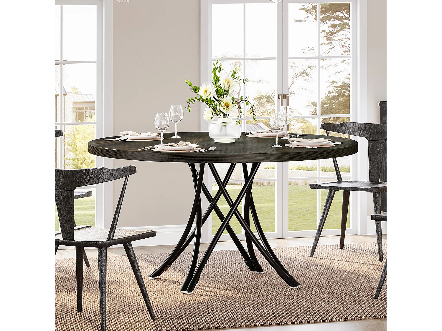 Table de salle à manger ronde, table de cuisine ronde, table de salle à manger moderne en bois avec pieds croisés en métal robustes, noir