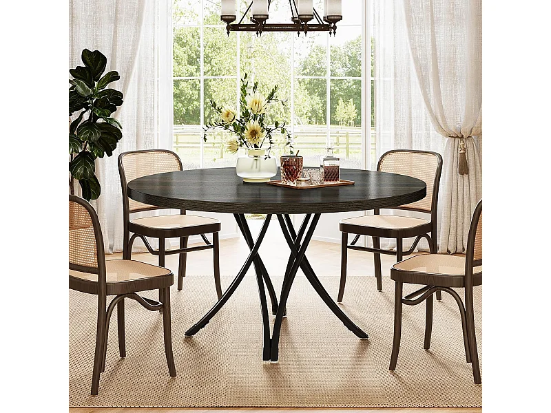 Tavolo da pranzo rotondo, tavolo da cucina rotondo, tavolo da pranzo moderno in legno con robuste gambe incrociate in metallo, nero