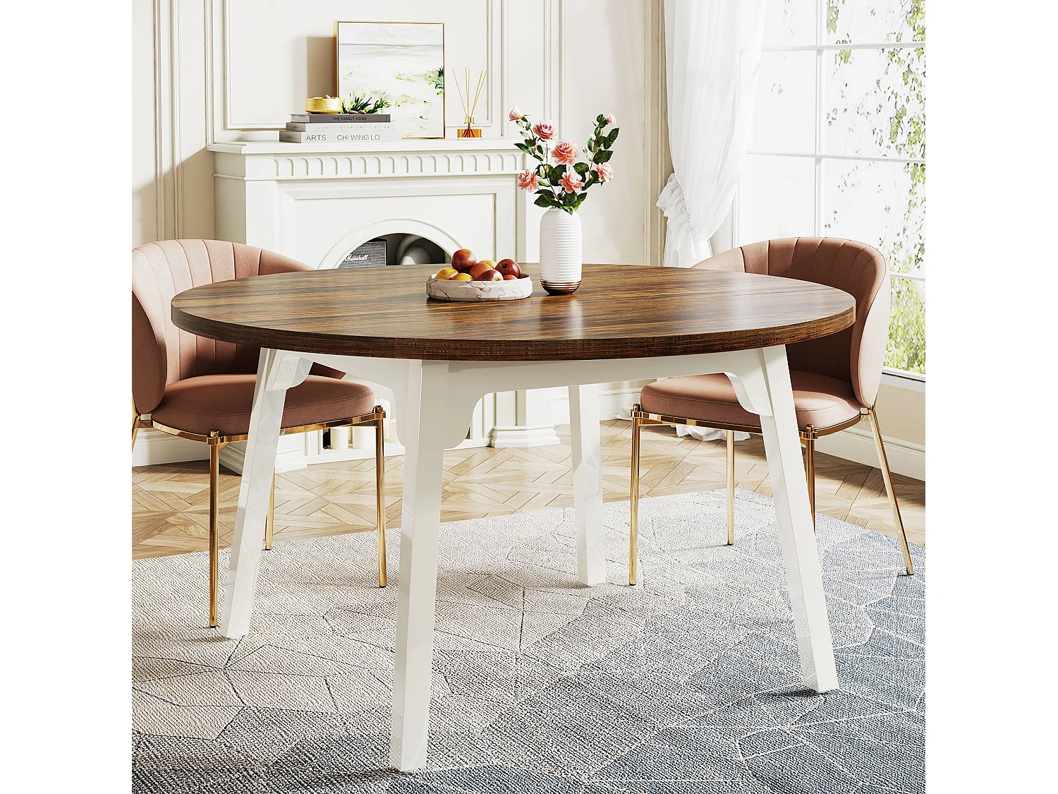 Table de Salle à Manger Ronde pour 4-6 Personnes, Table de Cuisine Circulaire de 120 cm avec Surface texturée en Bois (Marron)