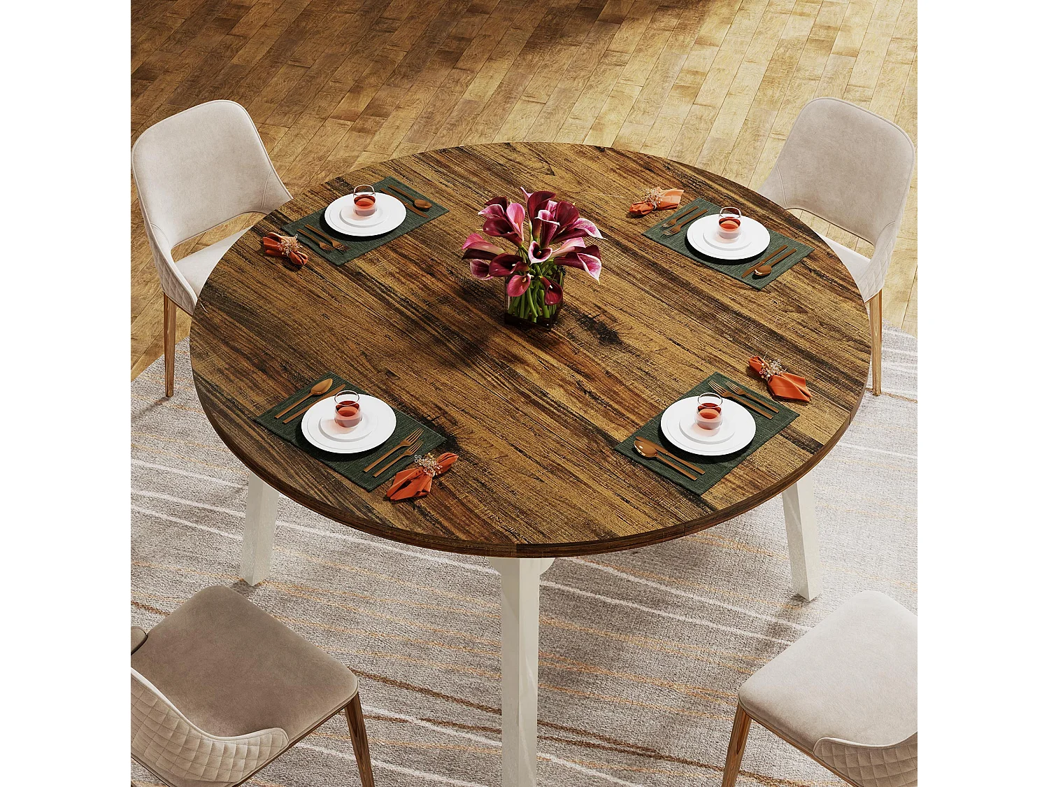 Table de Salle à Manger Ronde pour 4-6 Personnes, Table de Cuisine Circulaire de 120 cm avec Surface texturée en Bois (Marron)