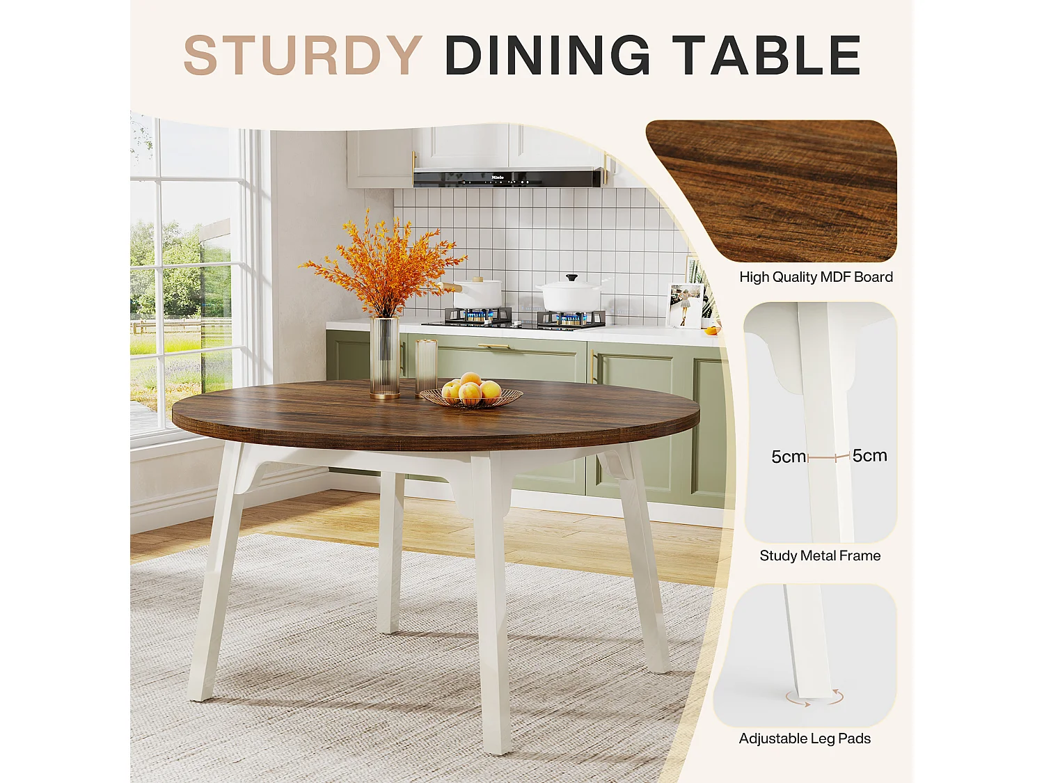 Table de Salle à Manger Ronde pour 4-6 Personnes, Table de Cuisine Circulaire de 120 cm avec Surface texturée en Bois (Marron)