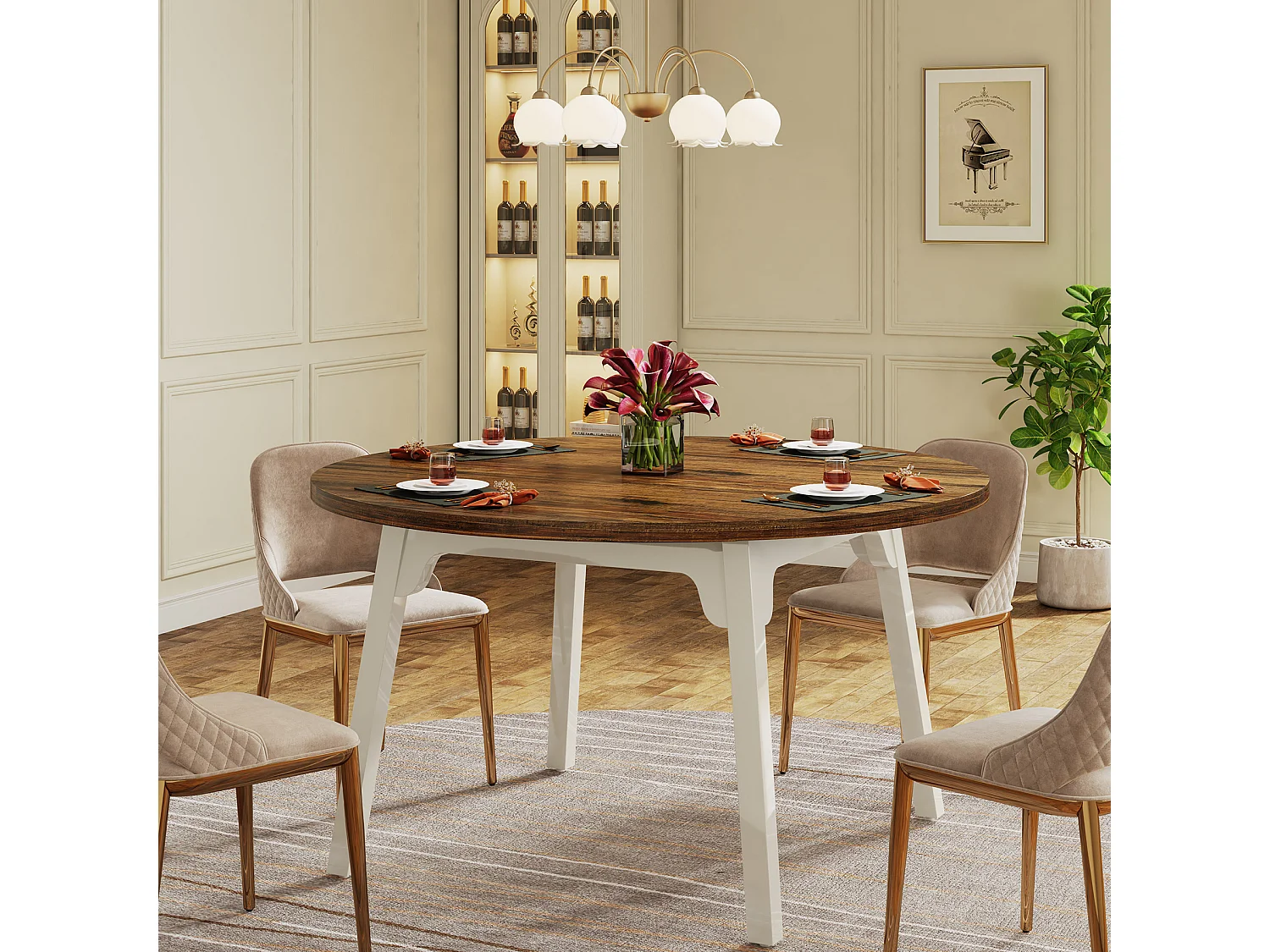 Table de Salle à Manger Ronde pour 4-6 Personnes, Table de Cuisine Circulaire de 120 cm avec Surface texturée en Bois (Marron)