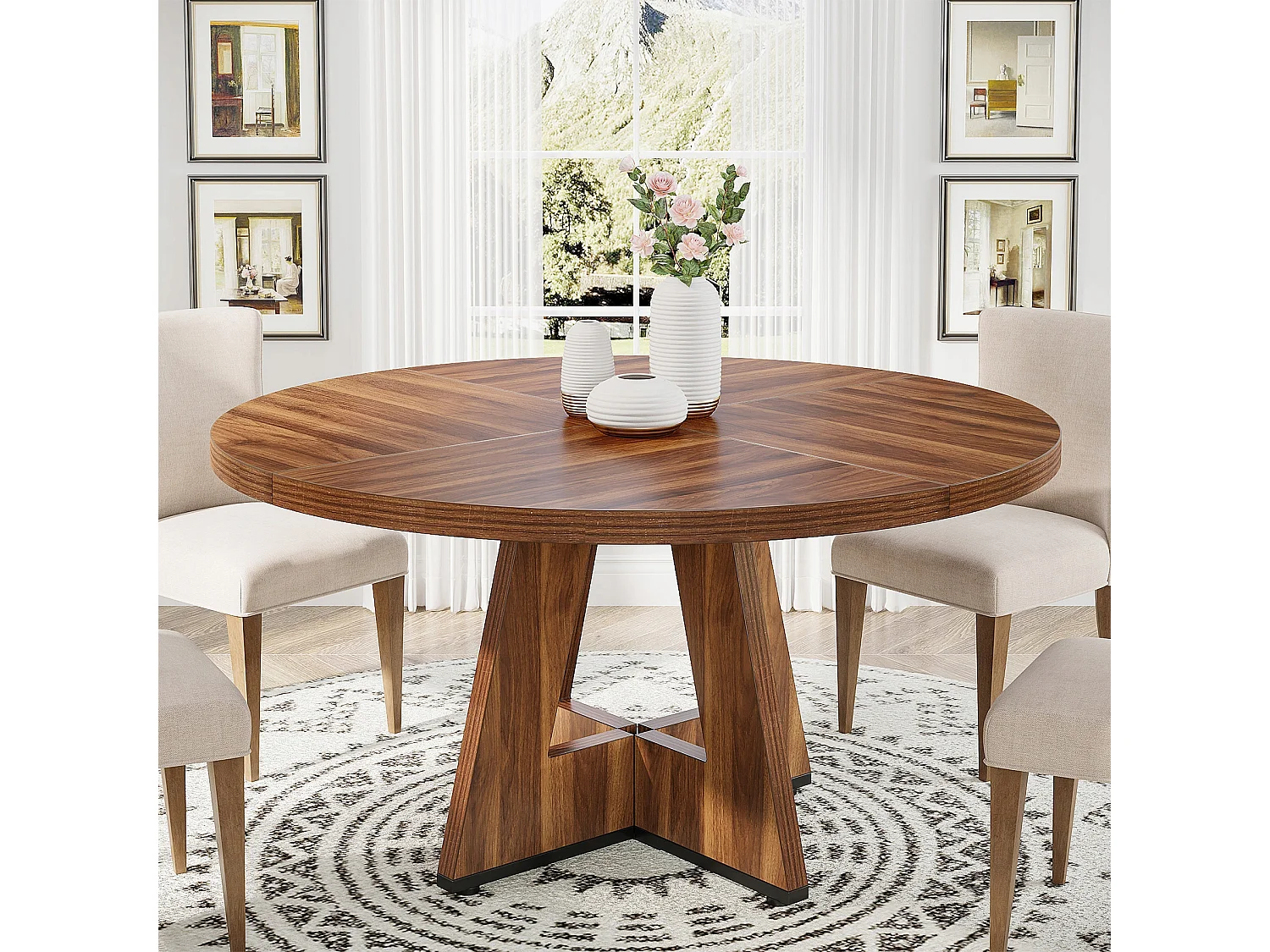 Rundtisch für Esszimmer, Küche, Esszimmer, Wohnzimmer, 120 cm, für 4 Personen, rustiches Brauntön (nur der Tisch)