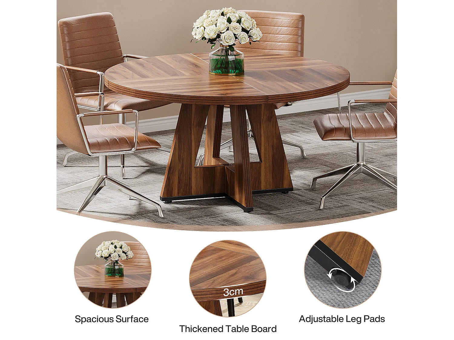 Table ronde pour salle à manger, cuisine, salle à manger, salon, 120 cm, pour 4 personnes, marron rustique (table uniquement)