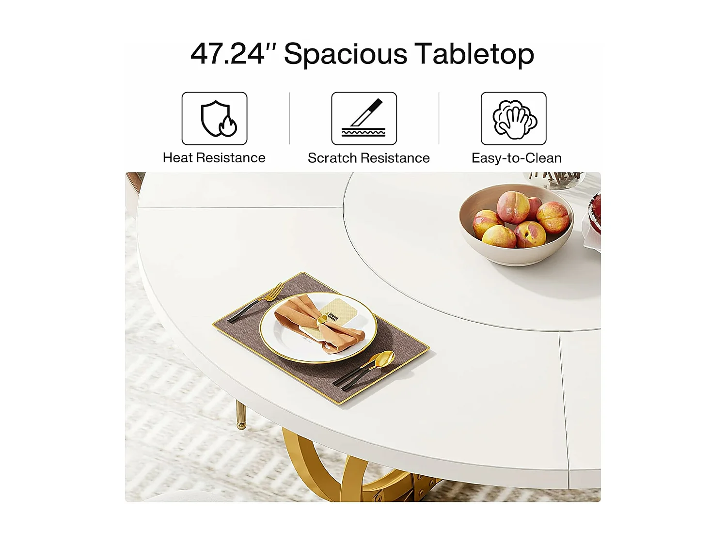 Table à Manger Ronde pour 4, Table de Cuisine Blanche avec Pied métallique doré, Table à Manger en Bois (120 * 120 cm, Blanc et Or)