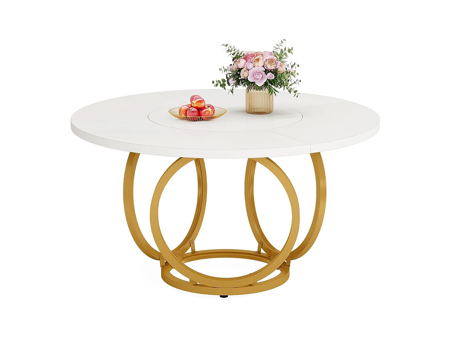 Table à Manger Ronde pour 4, Table de Cuisine Blanche avec Pied métallique doré, Table à Manger en Bois (120 * 120 cm, Blanc et Or)