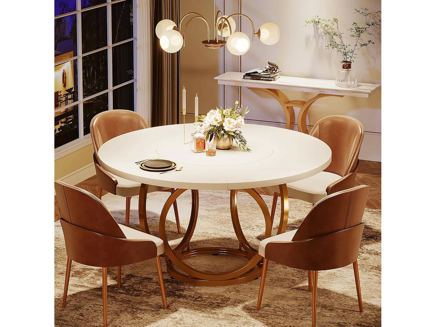 Table à Manger Ronde pour 4, Table de Cuisine Blanche avec Pied métallique doré, Table à Manger en Bois (120 * 120 cm, Blanc et Or)