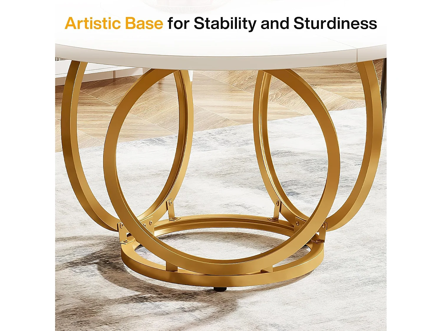 Table à Manger Ronde pour 4, Table de Cuisine Blanche avec Pied métallique doré, Table à Manger en Bois (120 * 120 cm, Blanc et Or)