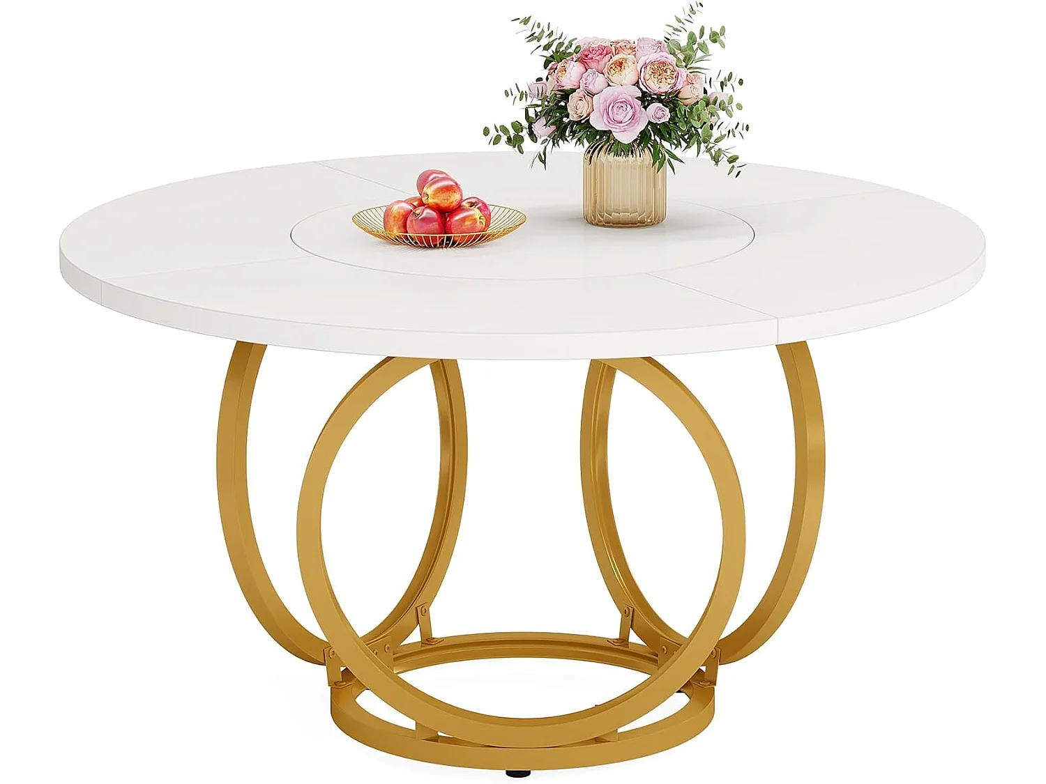 Runt matbord för 4 personer, vitt köksbord med guldfärgade metallben, trämatbord (120 * 120 cm, vitt och guld)