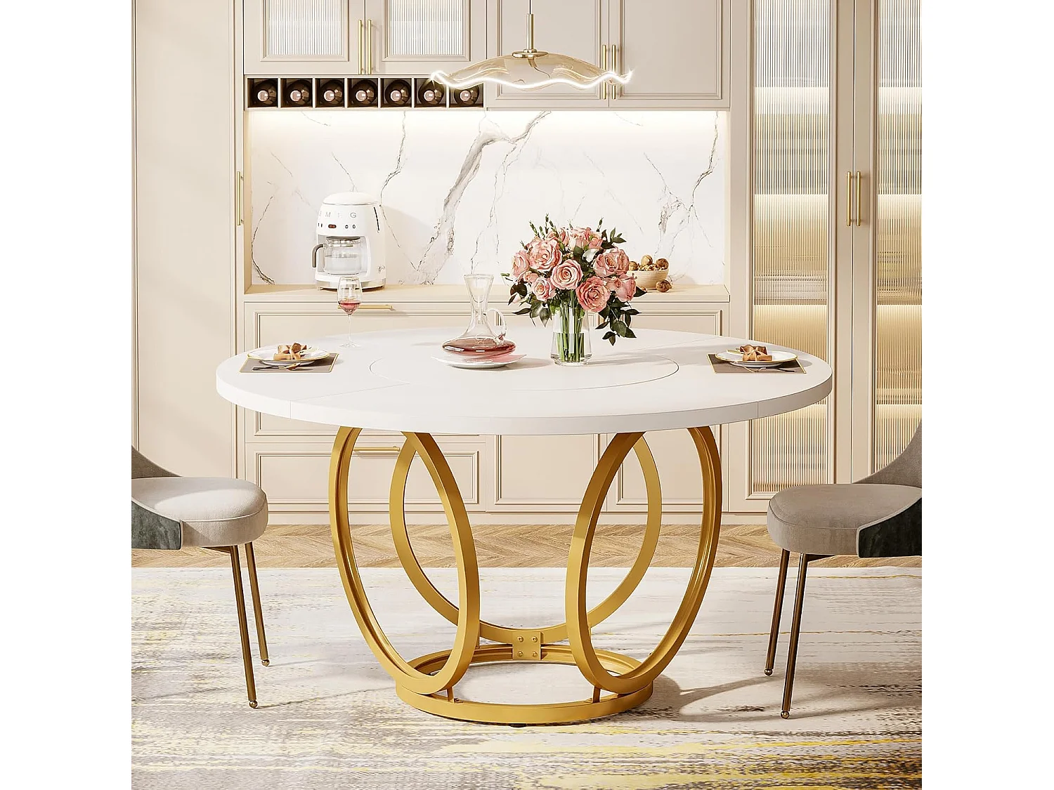 Runt matbord för 4 personer, vitt köksbord med guldfärgade metallben, trämatbord (120 * 120 cm, vitt och guld)