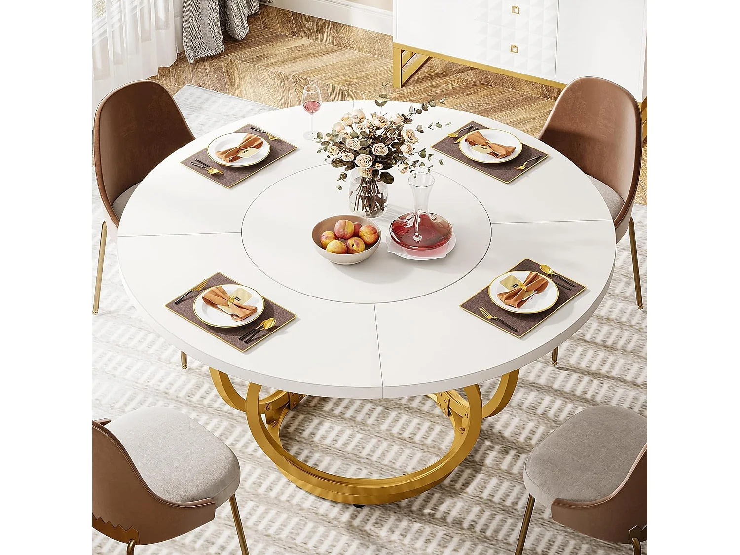 Runt matbord för 4 personer, vitt köksbord med guldfärgade metallben, trämatbord (120 * 120 cm, vitt och guld)