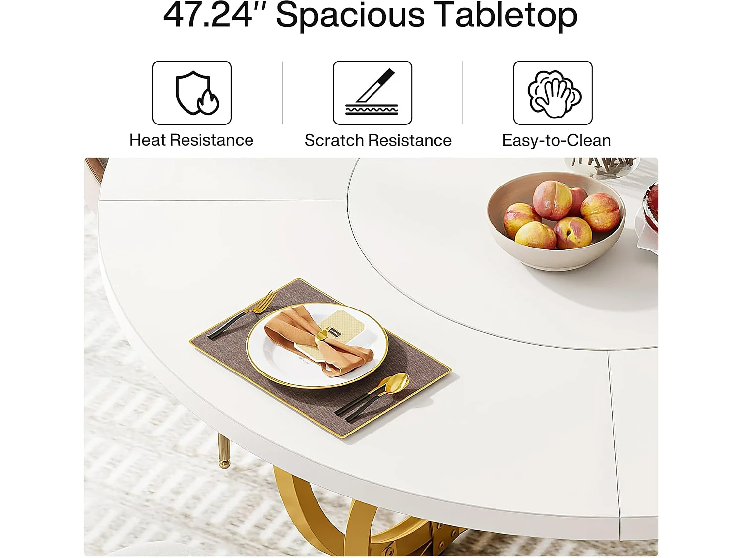 Runt matbord för 4 personer, vitt köksbord med guldfärgade metallben, trämatbord (120 * 120 cm, vitt och guld)