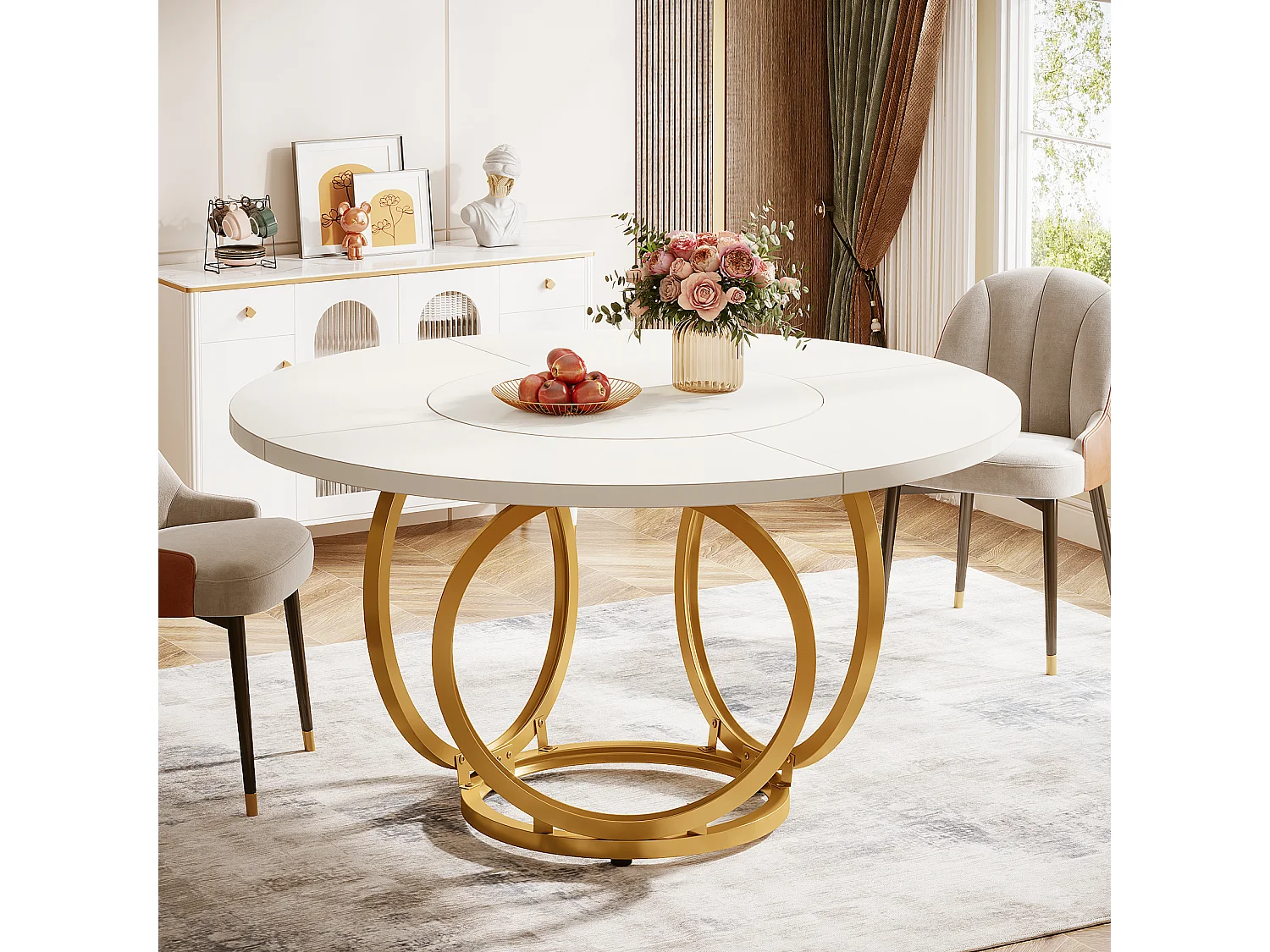 Runde Esstisch für 4 Personen, Weißer Küchentisch mit vergoldeten Metallbeinen, Esstisch aus Holz (118 * 118 cm, Weiß und Gold)