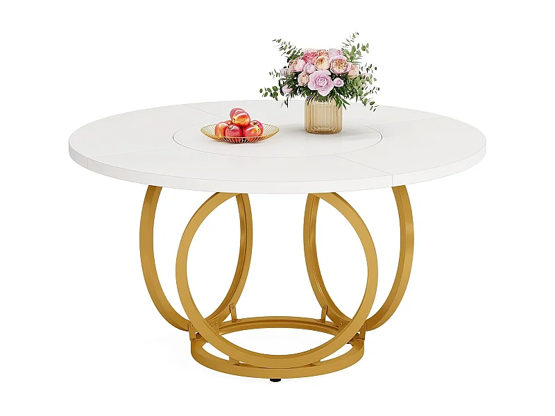 Ronde eettafel voor 4 personen, witte keukentafel met gouden metalen poten, houten eettafel (120 * 120 cm, wit en goud)