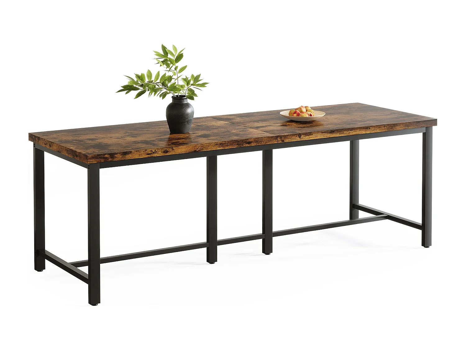 Table à manger de 200 cm de long pour 6 à 8 personnes, grande table de cuisine rectangulaire industrielle en bois, marron rustique