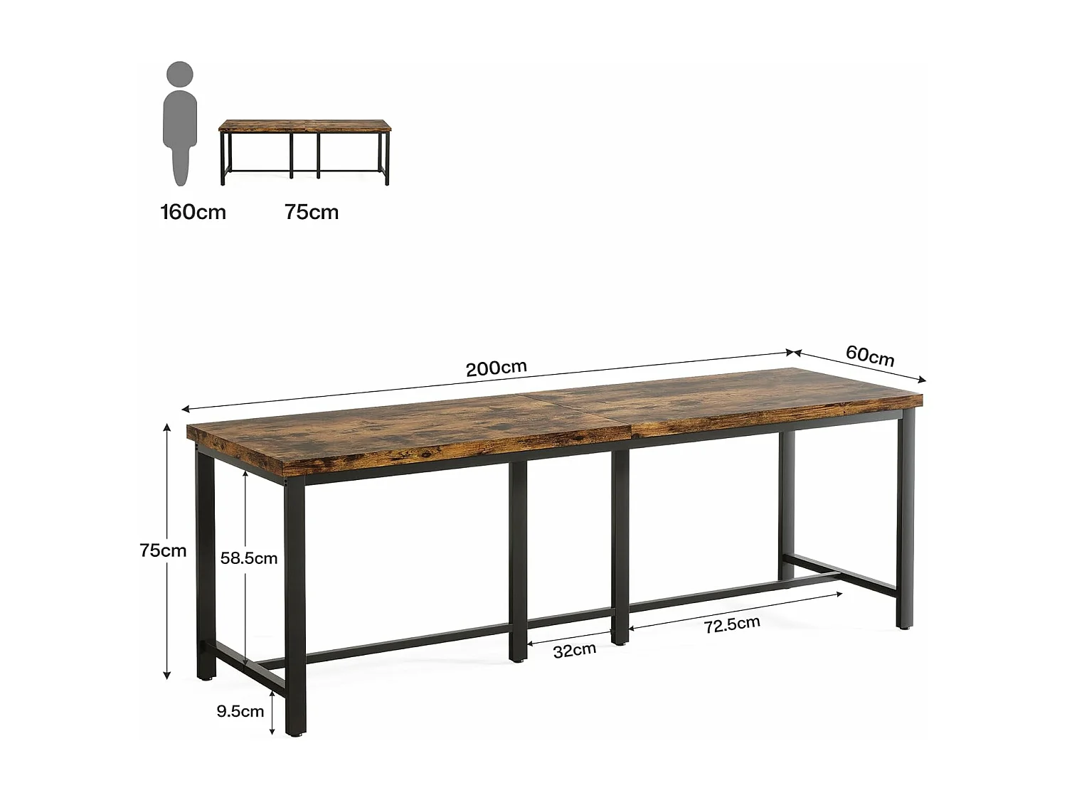 Table à manger de 200 cm de long pour 6 à 8 personnes, grande table de cuisine rectangulaire industrielle en bois, marron rustique
