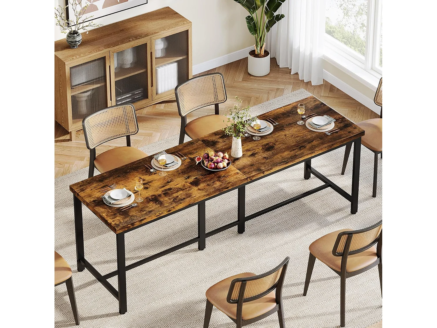 Table à manger de 200 cm de long pour 6 à 8 personnes, grande table de cuisine rectangulaire industrielle en bois, marron rustique