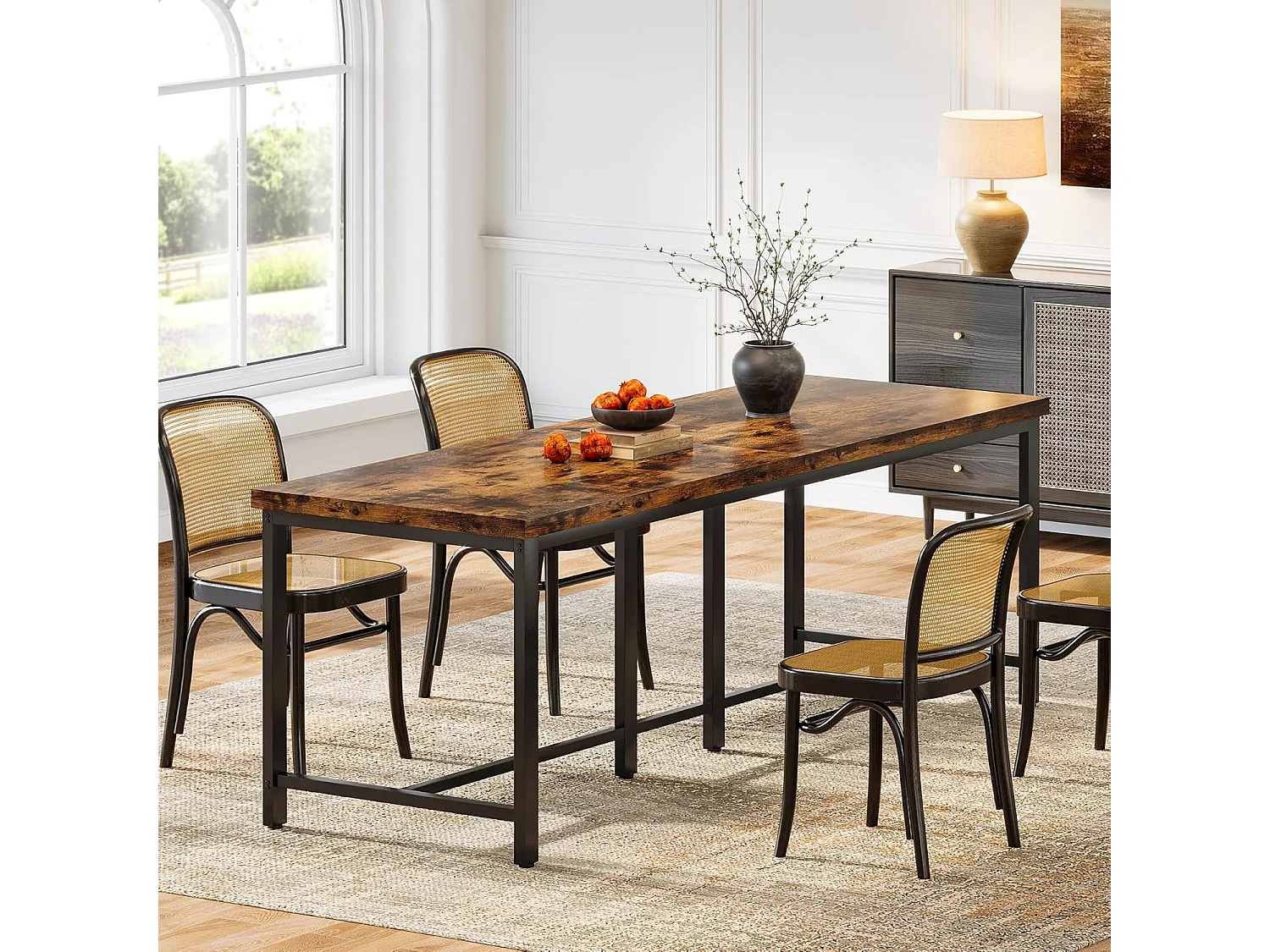 Table à manger de 200 cm de long pour 6 à 8 personnes, grande table de cuisine rectangulaire industrielle en bois, marron rustique