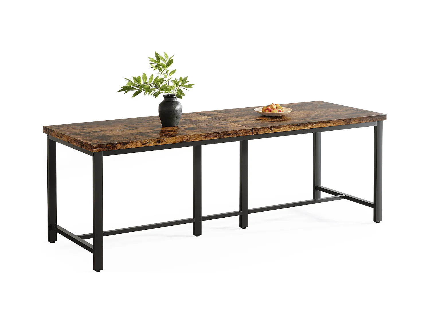 Table à manger de 200 cm de long pour 6 à 8 personnes, grande table de cuisine rectangulaire industrielle en bois, marron rustique