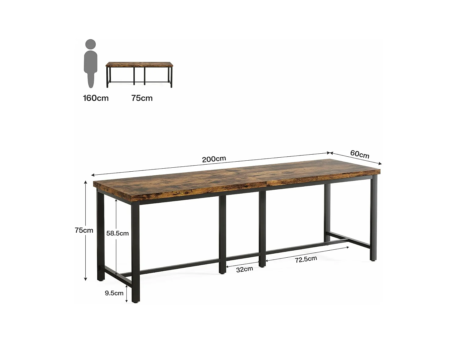 Eettafel van 200 cm lang voor 6-8 personen, grote rechthoekige industriële houten keukentafel, rustiek bruin