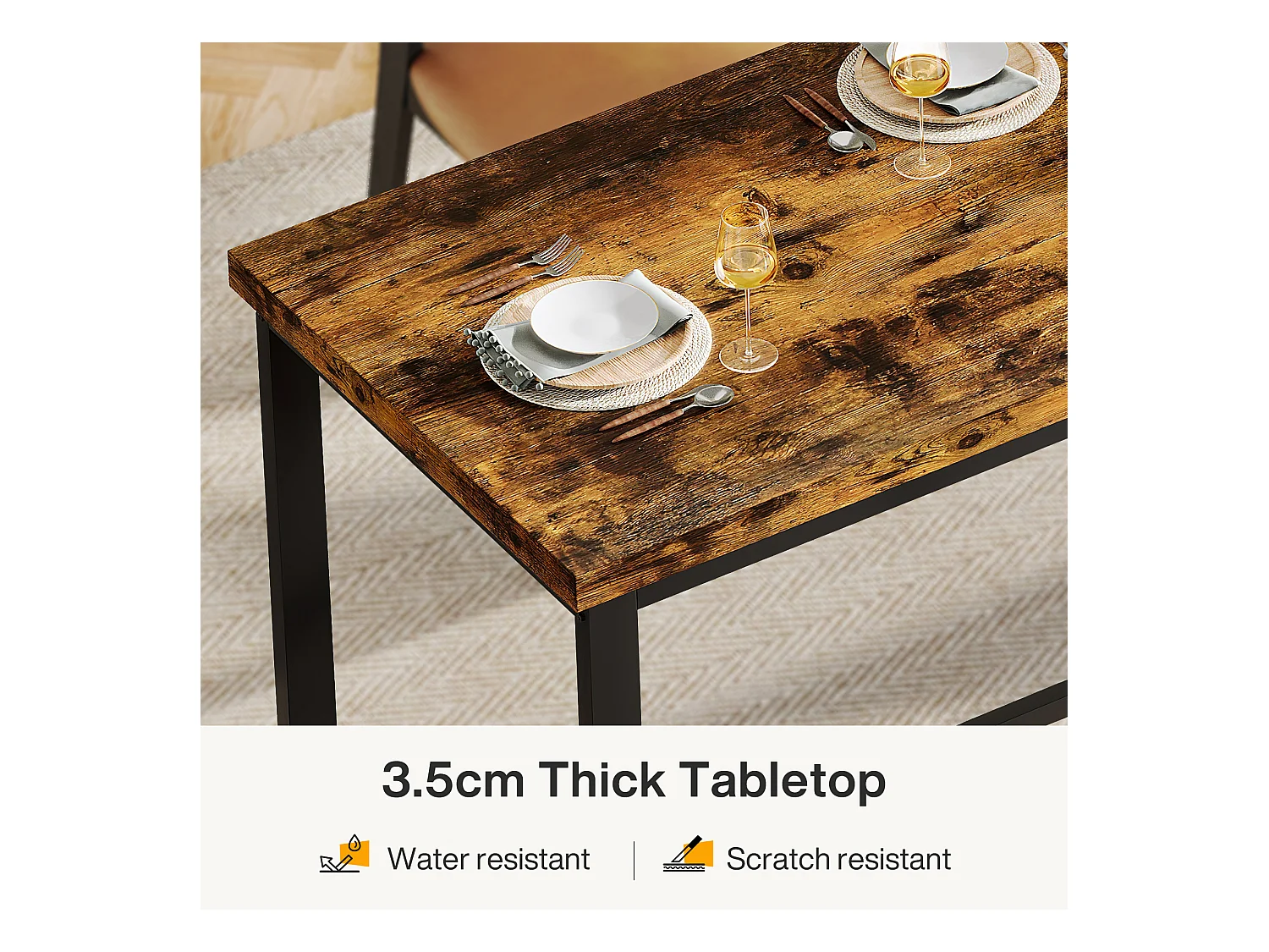 Eettafel van 200 cm lang voor 6-8 personen, grote rechthoekige industriële houten keukentafel, rustiek bruin