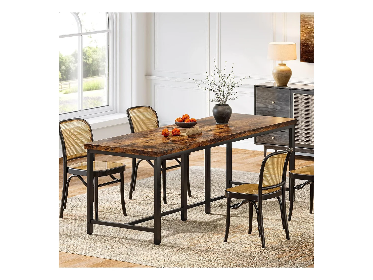 Eettafel van 200 cm lang voor 6-8 personen, grote rechthoekige industriële houten keukentafel, rustiek bruin