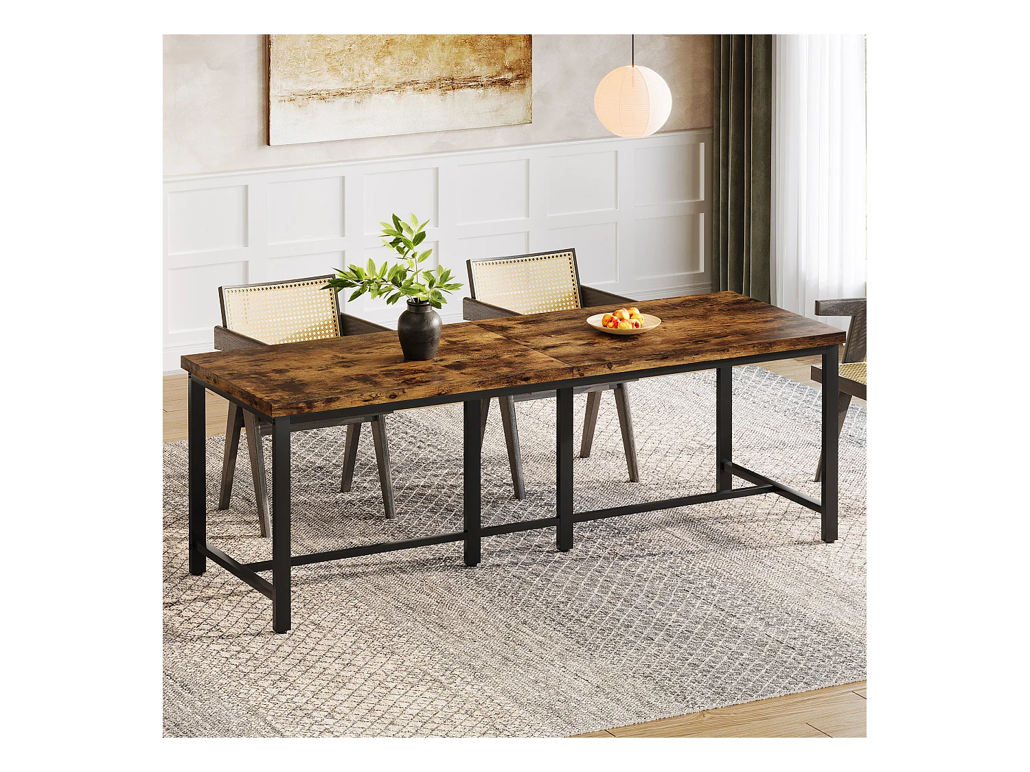 Eettafel van 200 cm lang voor 6-8 personen, grote rechthoekige industriële houten keukentafel, rustiek bruin