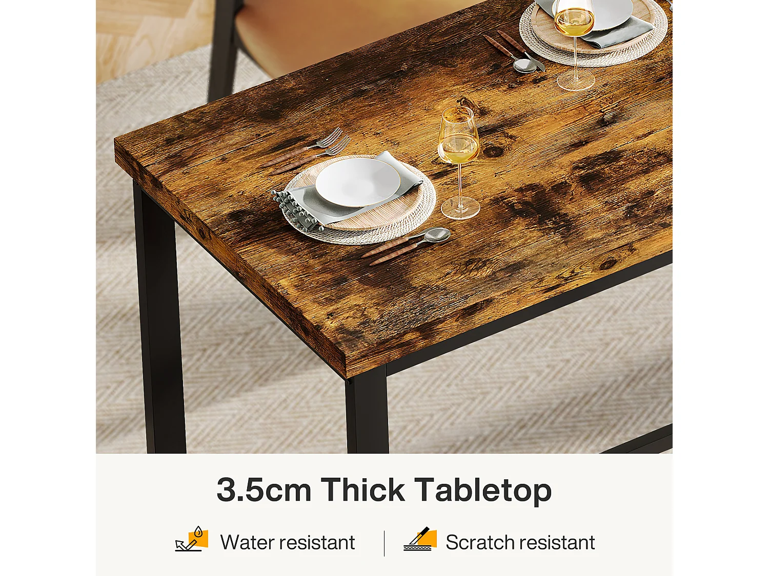 Table à manger de 200 cm de long pour 6 à 8 personnes, grande table de cuisine rectangulaire industrielle en bois, marron rustique