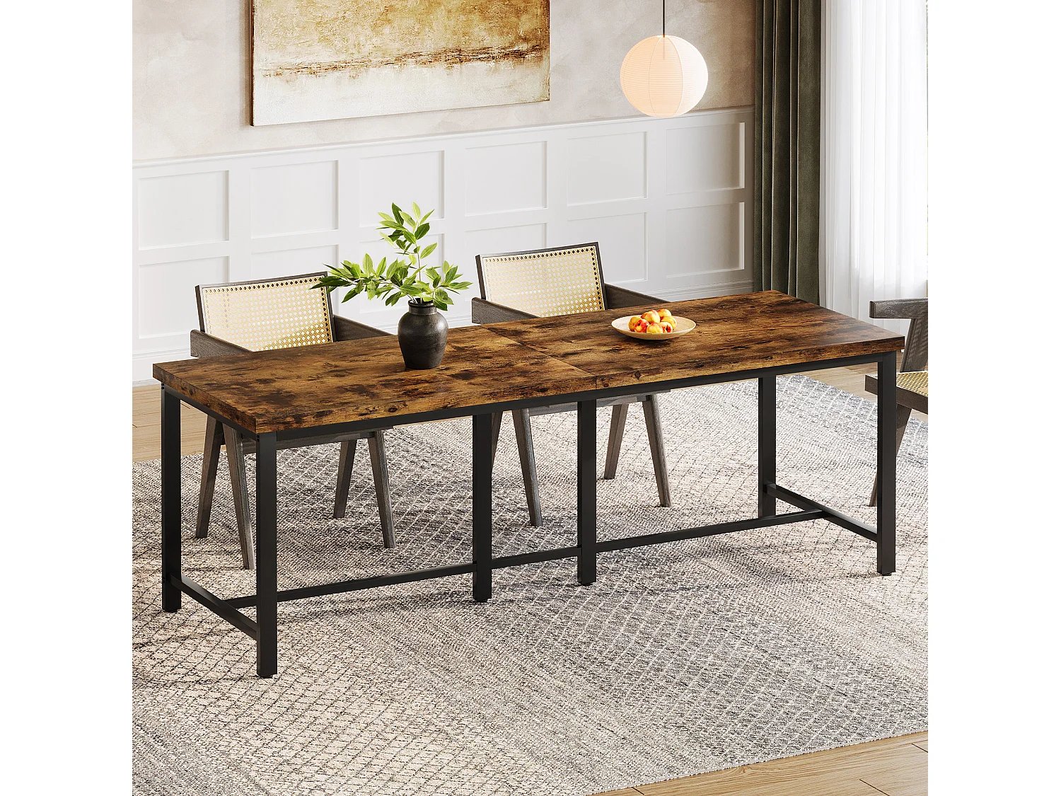 Table à manger de 200 cm de long pour 6 à 8 personnes, grande table de cuisine rectangulaire industrielle en bois, marron rustique