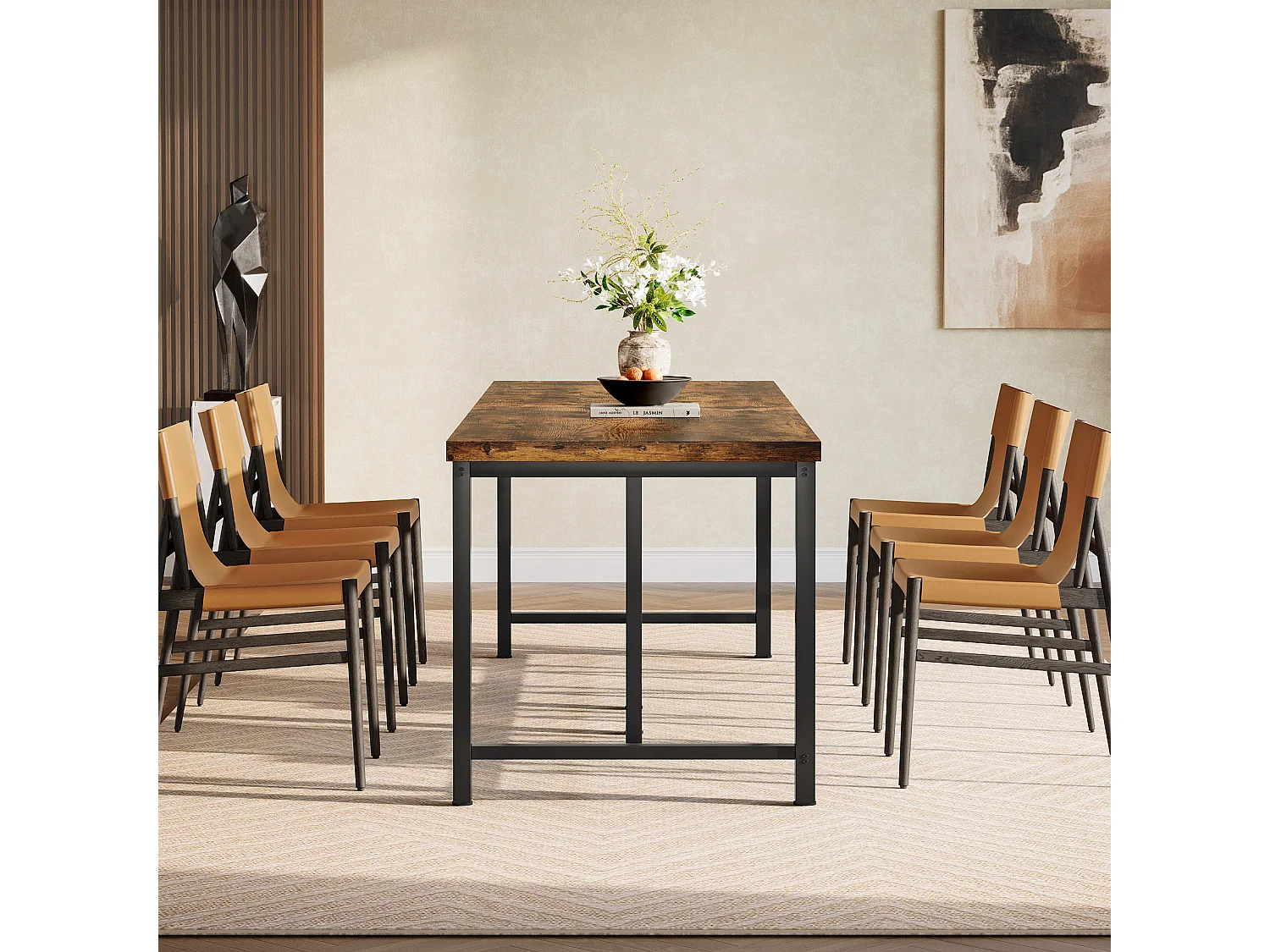 Table à manger de 200 cm de long pour 6 à 8 personnes, grande table de cuisine rectangulaire industrielle en bois, marron rustique