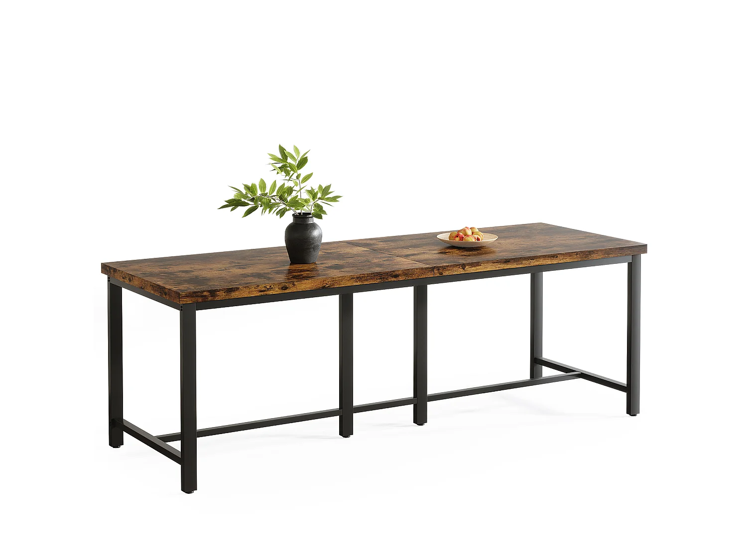 Table à manger de 200 cm de long pour 6 à 8 personnes, grande table de cuisine rectangulaire industrielle en bois, marron rustique