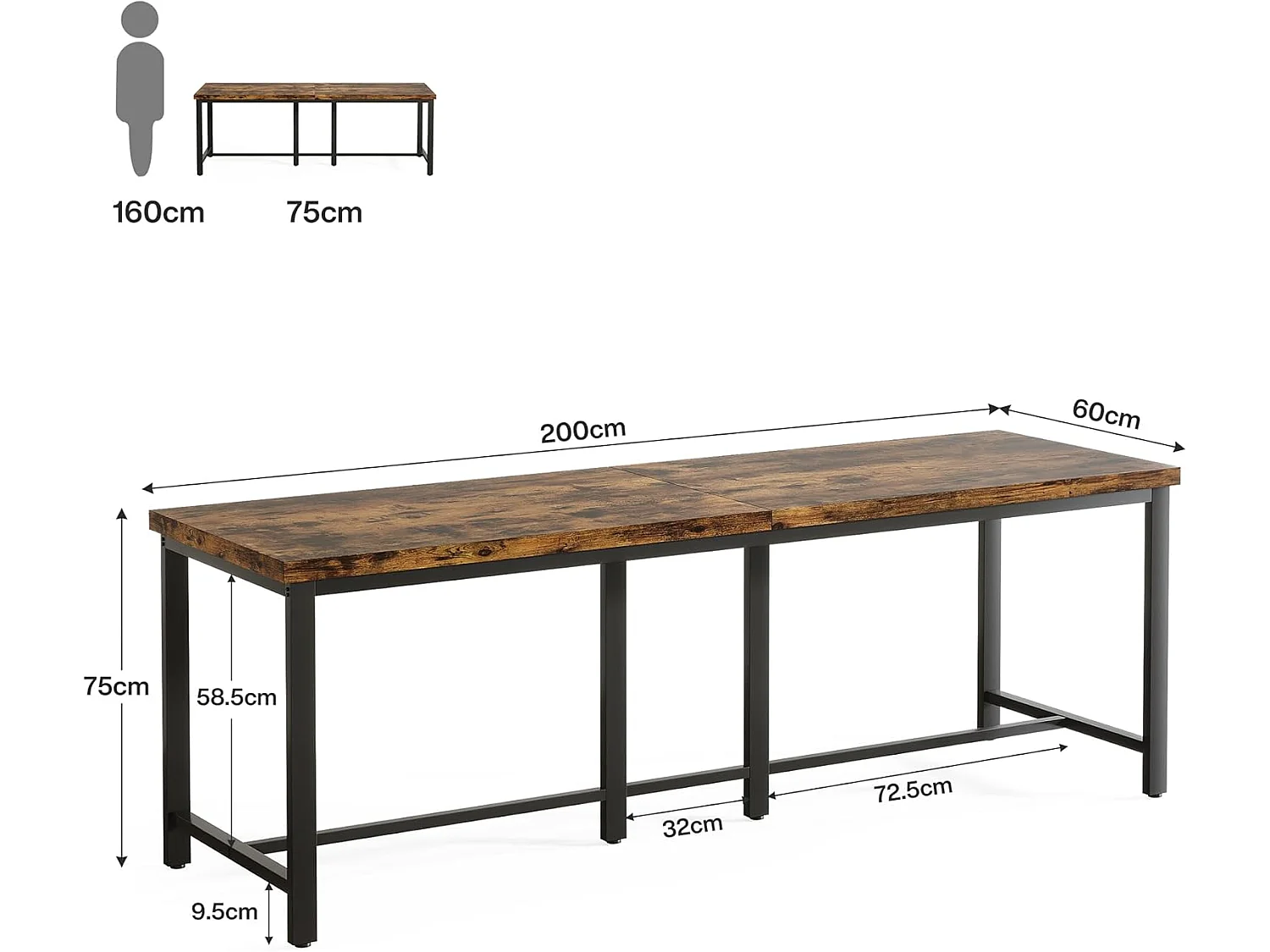 Table à manger de 200 cm de long pour 6 à 8 personnes, grande table de cuisine rectangulaire industrielle en bois, marron rustique