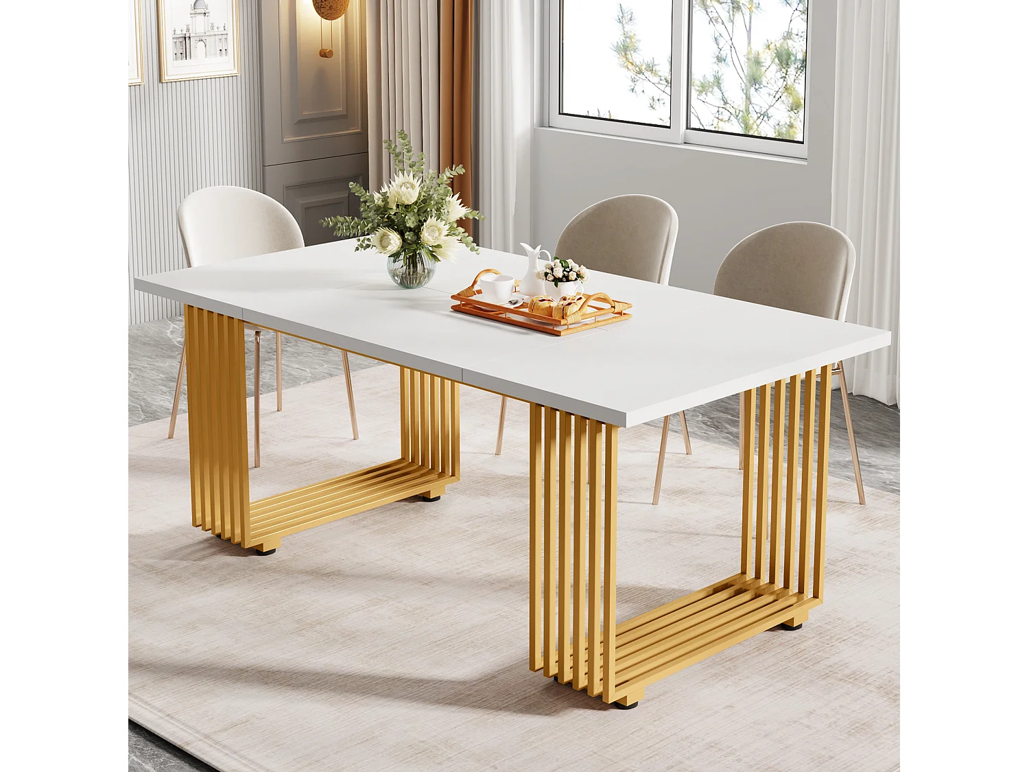 Table de salle à manger moderne pour 6 à 8 personnes, table de salle à manger blanche de 179,8 cm, table de cuisine en bois pour la Saint-Patrick