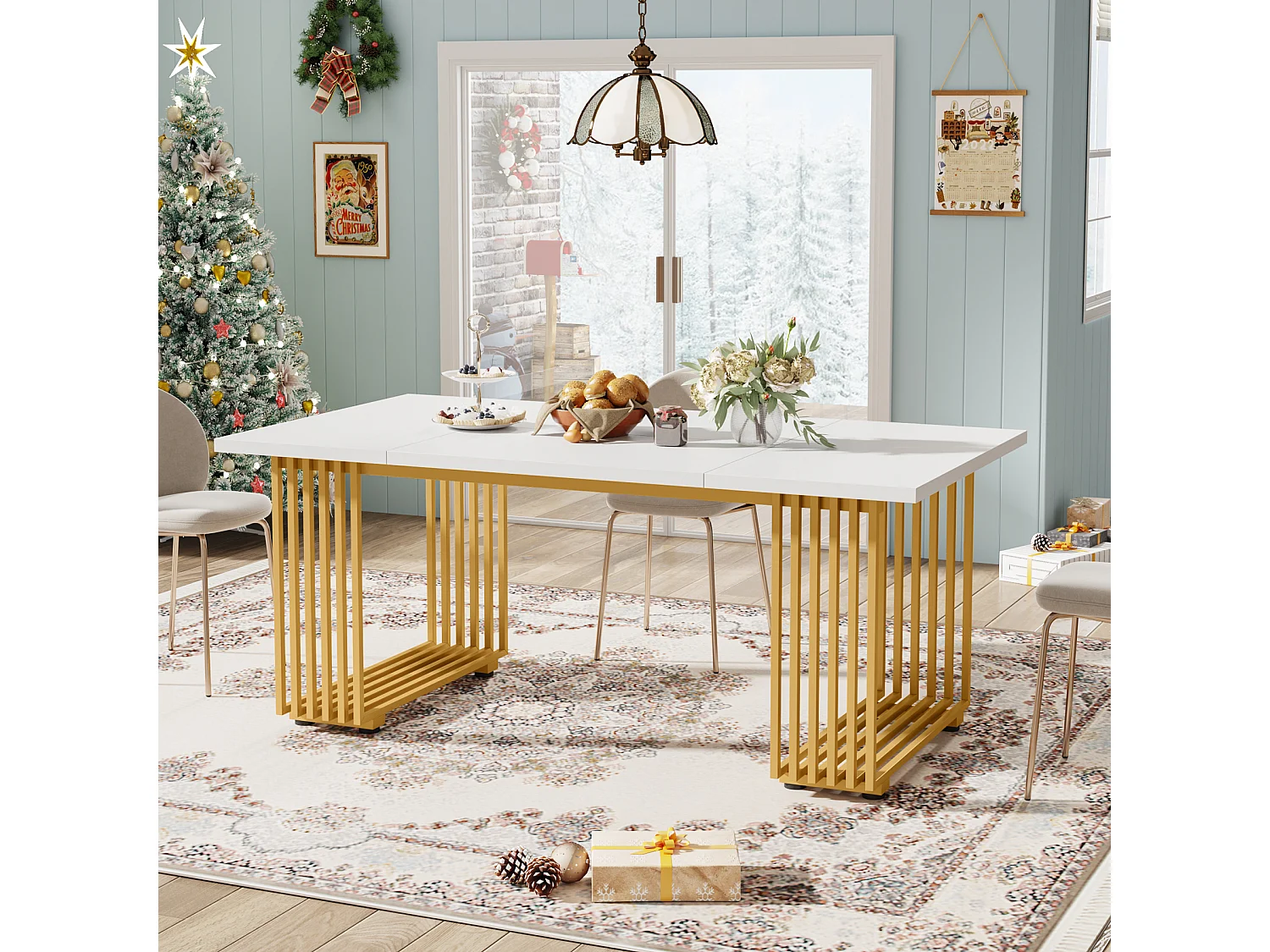 Table de salle à manger moderne pour 6 à 8 personnes, table de salle à manger blanche de 179,8 cm, table de cuisine en bois pour la Saint-Patrick