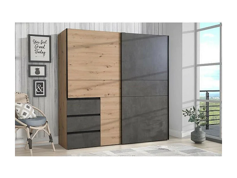 Armario 2 puertas correderas 3 cajones Roble Artesanal y Hormigón Gris - L 200,1 x P 61,2 x A 200,5 cm