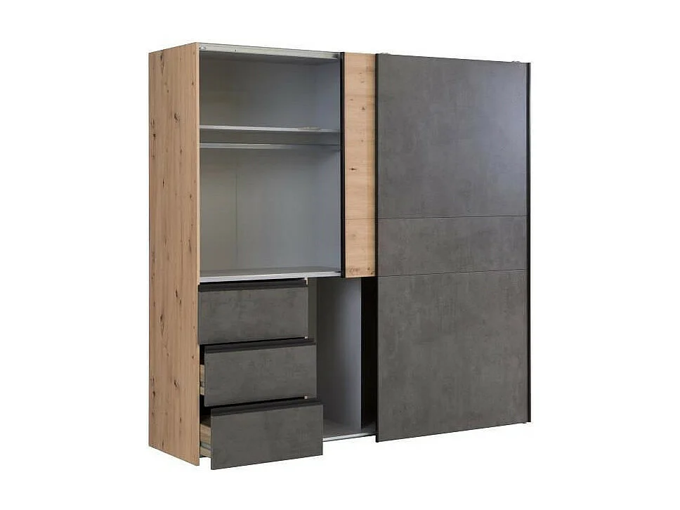 Armoire 2 portes coulissantes 3 tiroirs - Decor chene artisan et beton gris - L 200,1 x P 61,2 x H 200,5 cm - WINN2