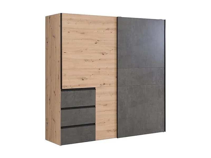 Szafa z 2 drzwiami przesuwnymi 3 szufladami Dąb Rzemieślniczy i Szary Beton - S 200,1 x G 61,2 x W 200,5 cm