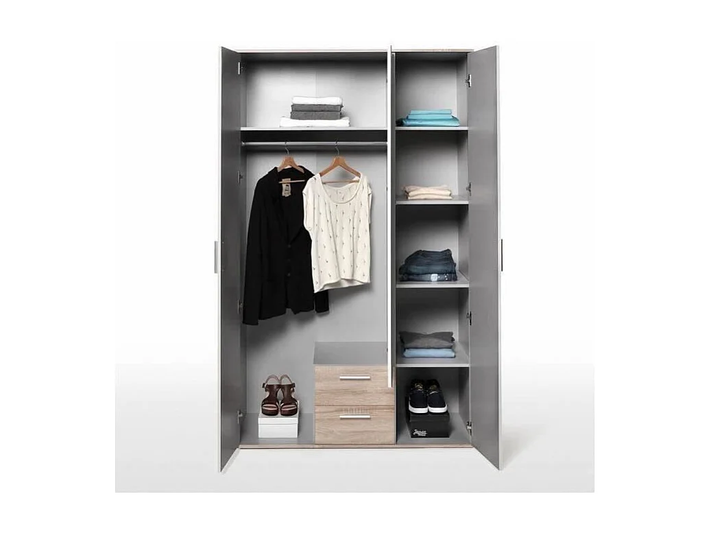 Armario Contemporáneo Blanco y Roble SELKEÄ - 3 Puertas, 2 Cajones - L 121 cm