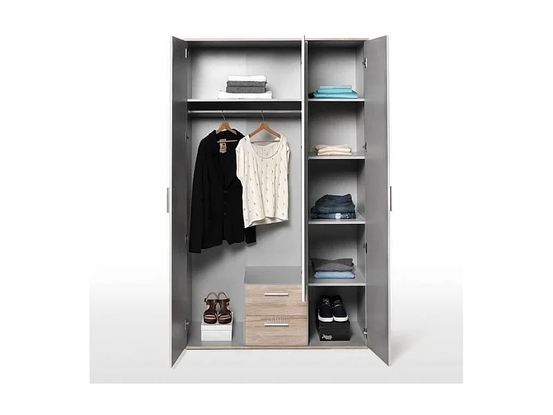 Armario Contemporáneo Blanco y Roble SELKEÄ - 3 Puertas, 2 Cajones - L 121 cm