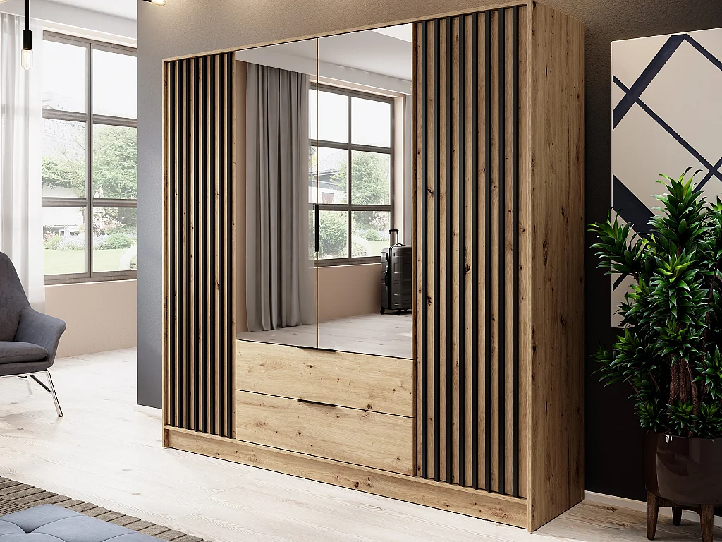 Roupeiro c/espelho AMBIHOME ELLY 08 - Carvalho Artesanal, C206xP51xA200cm