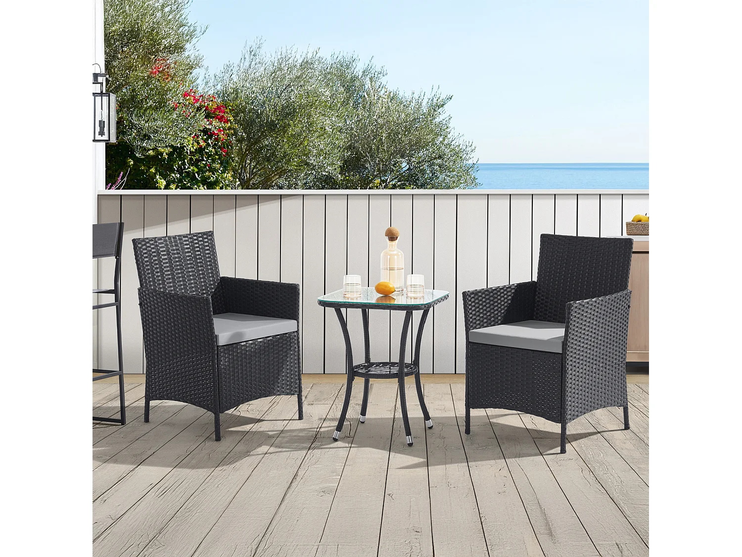 Ensemble de meubles de jardin miniature SVITA BROOKLYN BISTRO 3 pièces Salon de jardin d'extérieur en rotin noir