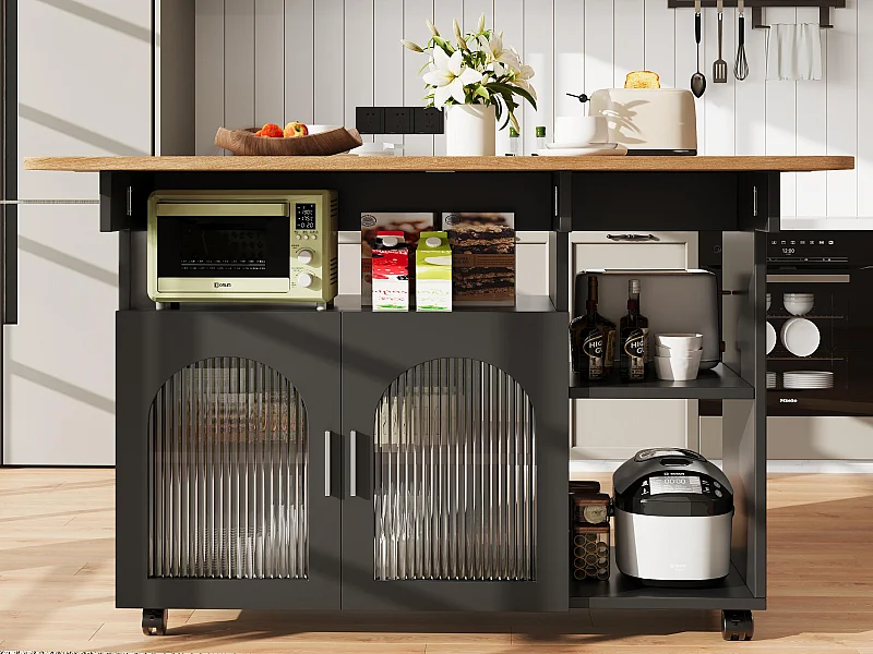 Wyspa kuchenna - wózek na kółkach z rozsuwanym blatem - 2 drzwi i 3 otwarte przegrody - Czarny