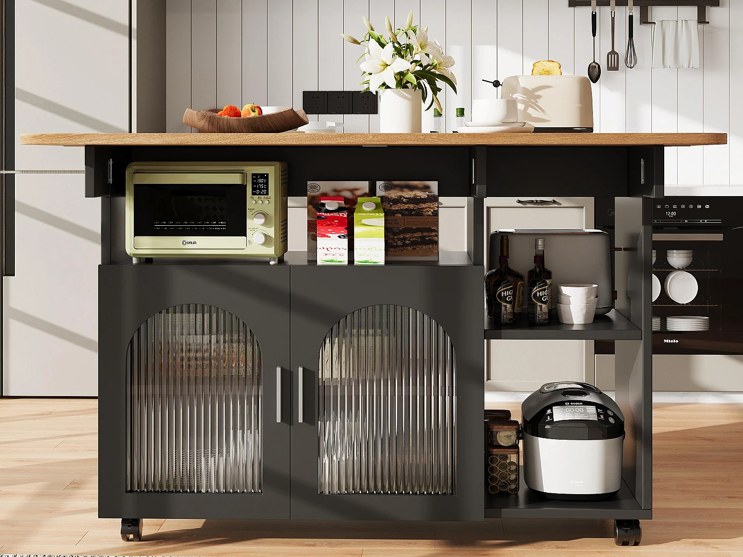 Ilot central de cuisine - chariot à roulette avec plateau extensible - 2 portes et 3 compartiments ouverts - Noir