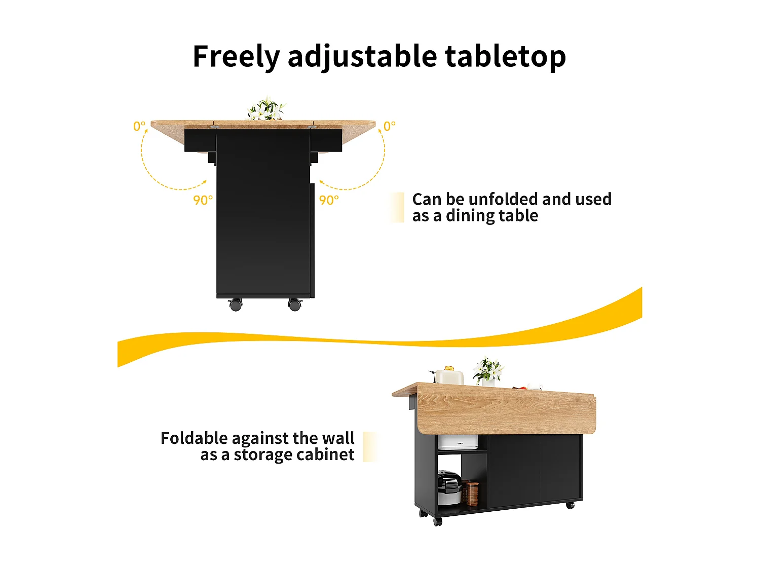 Ilot central de cuisine - chariot à roulette avec plateau extensible - 2 portes et 3 compartiments ouverts - Noir