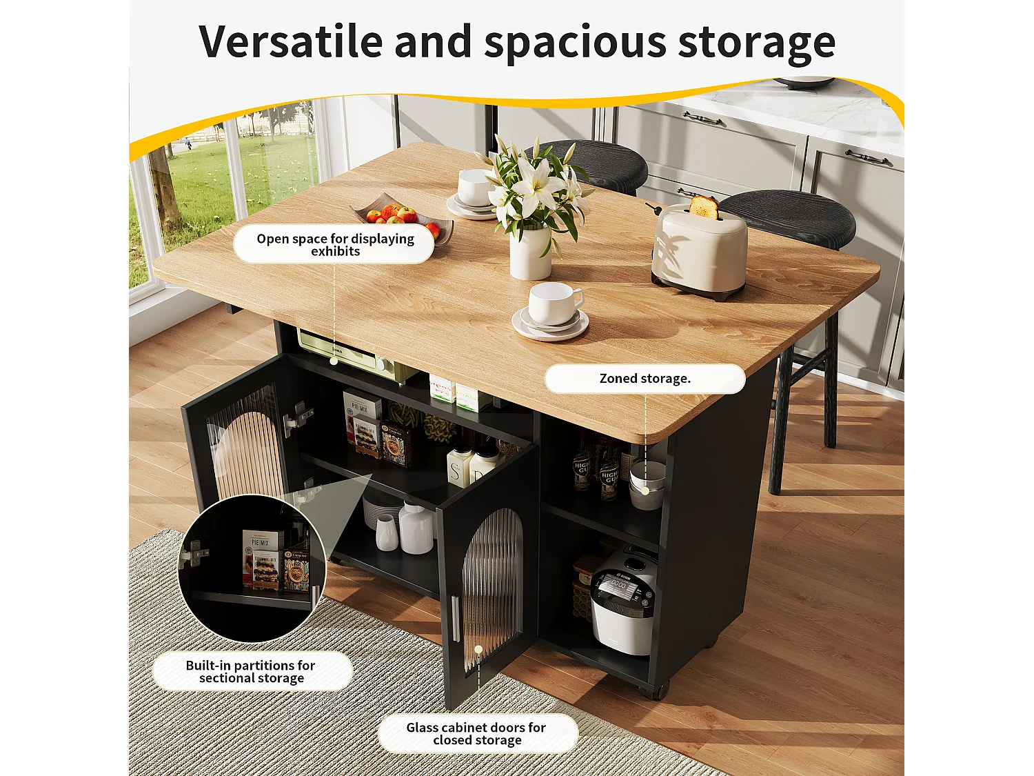 Wyspa kuchenna - wózek na kółkach z rozsuwanym blatem - 2 drzwi i 3 otwarte przegrody - Czarny