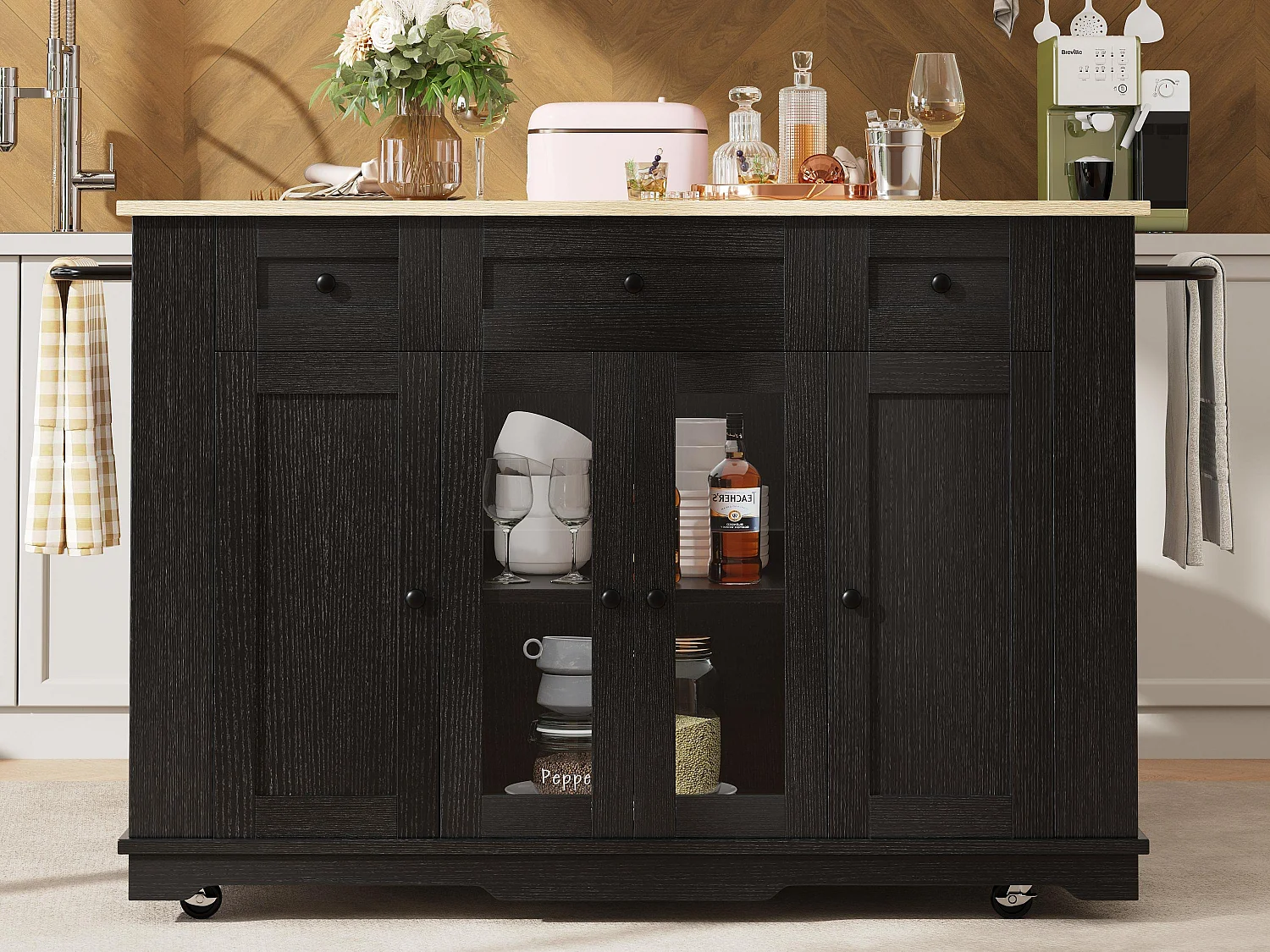 Isola centrale da cucina - carrello con ruote e piano estensibile - 3 cassetti e 6 mensole - Nero