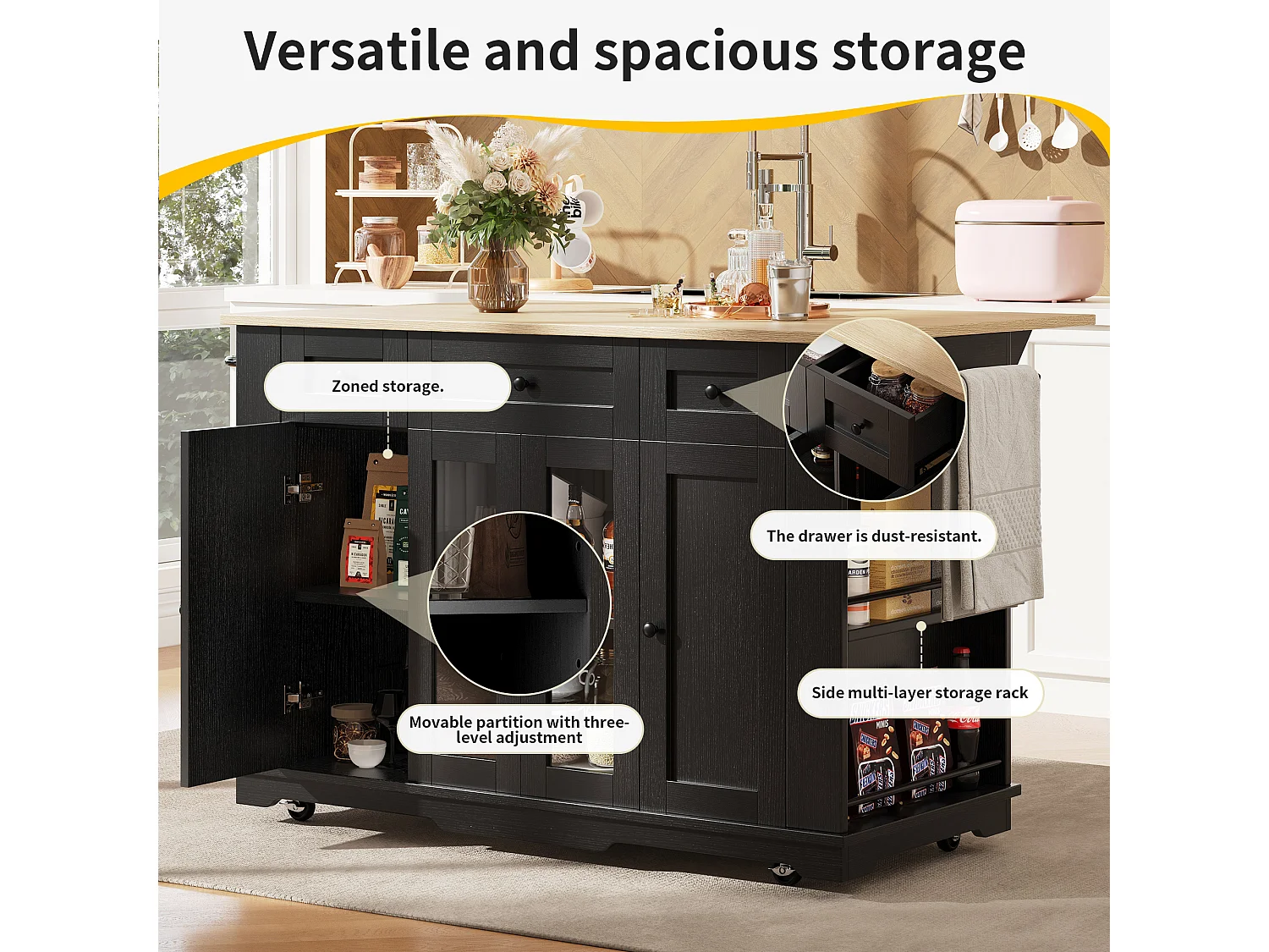 Isola centrale da cucina - carrello con ruote e piano estensibile - 3 cassetti e 6 mensole - Nero