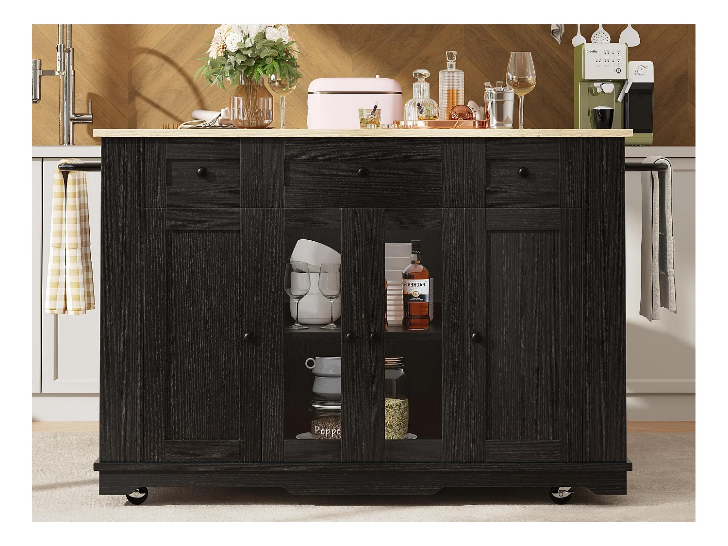 Ilot central de cuisine - chariot à roulette avec plateau extensible - 3 tiroirs et 6 étagères - Noir
