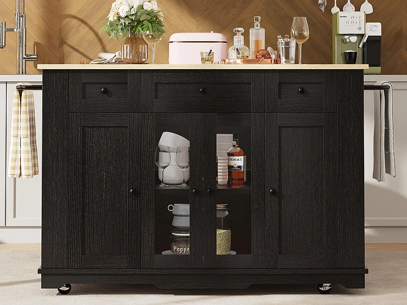 Wyspa kuchenna - wózek na kółkach z rozsuwanym blatem - 3 szuflady i 6 półek - Czarny